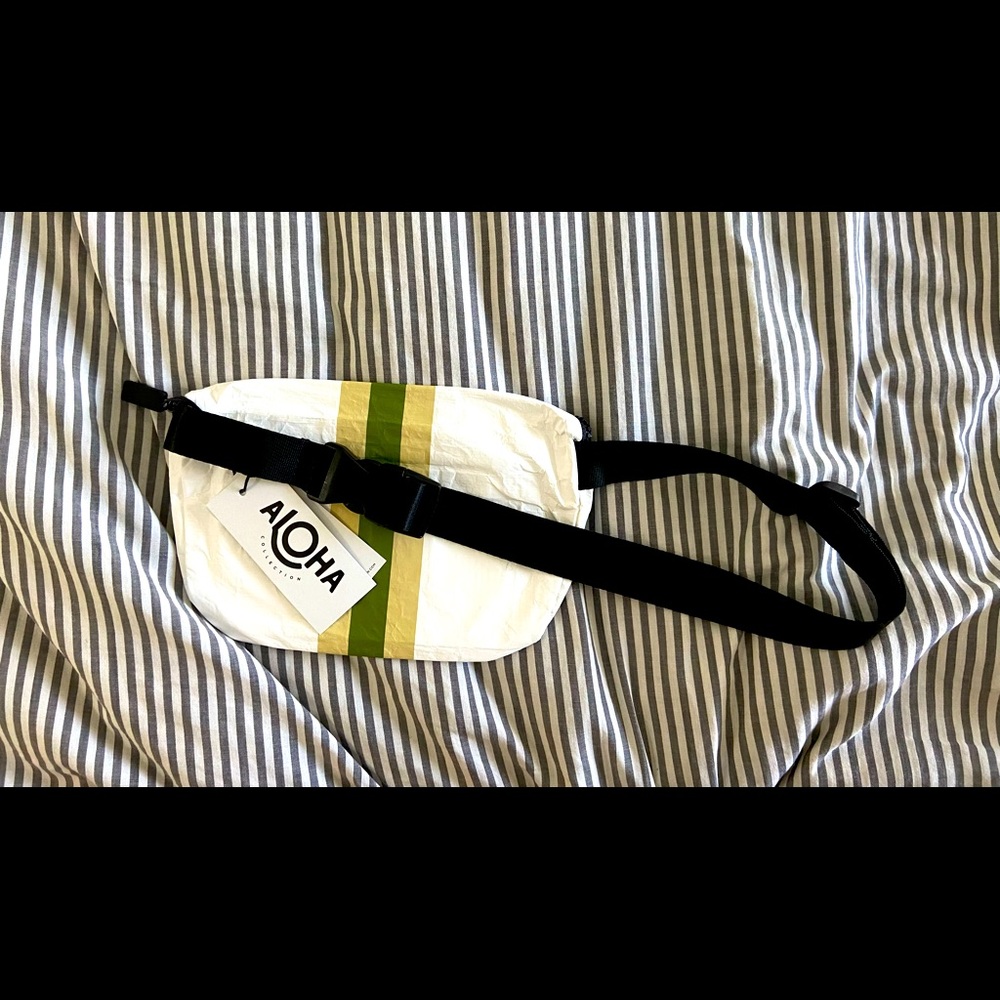 Aloha collection mini hip pack/fanny pack, white with a green and gold stripe